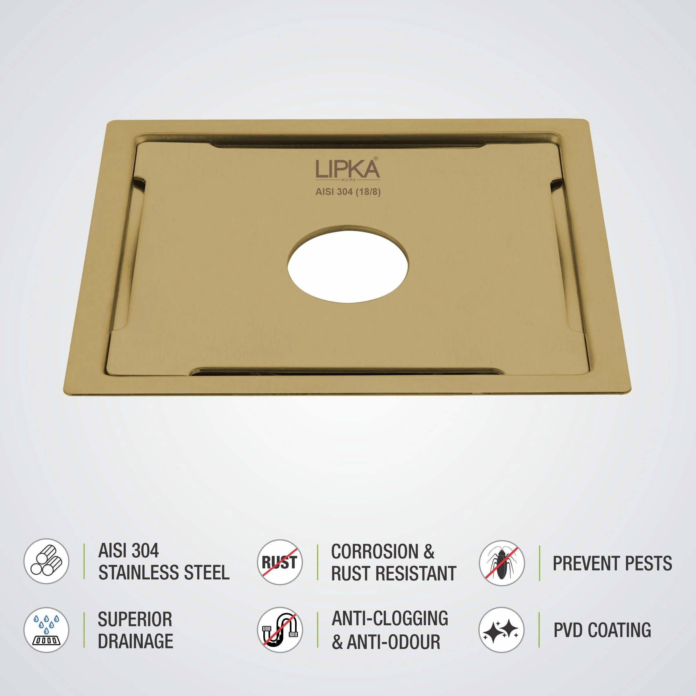 Yellow Exclusive Square Flat Cut Floor Drain in Yellow Gold PVD Coating (6 x 6 Inches) with Hole - LIPKA - Image 3