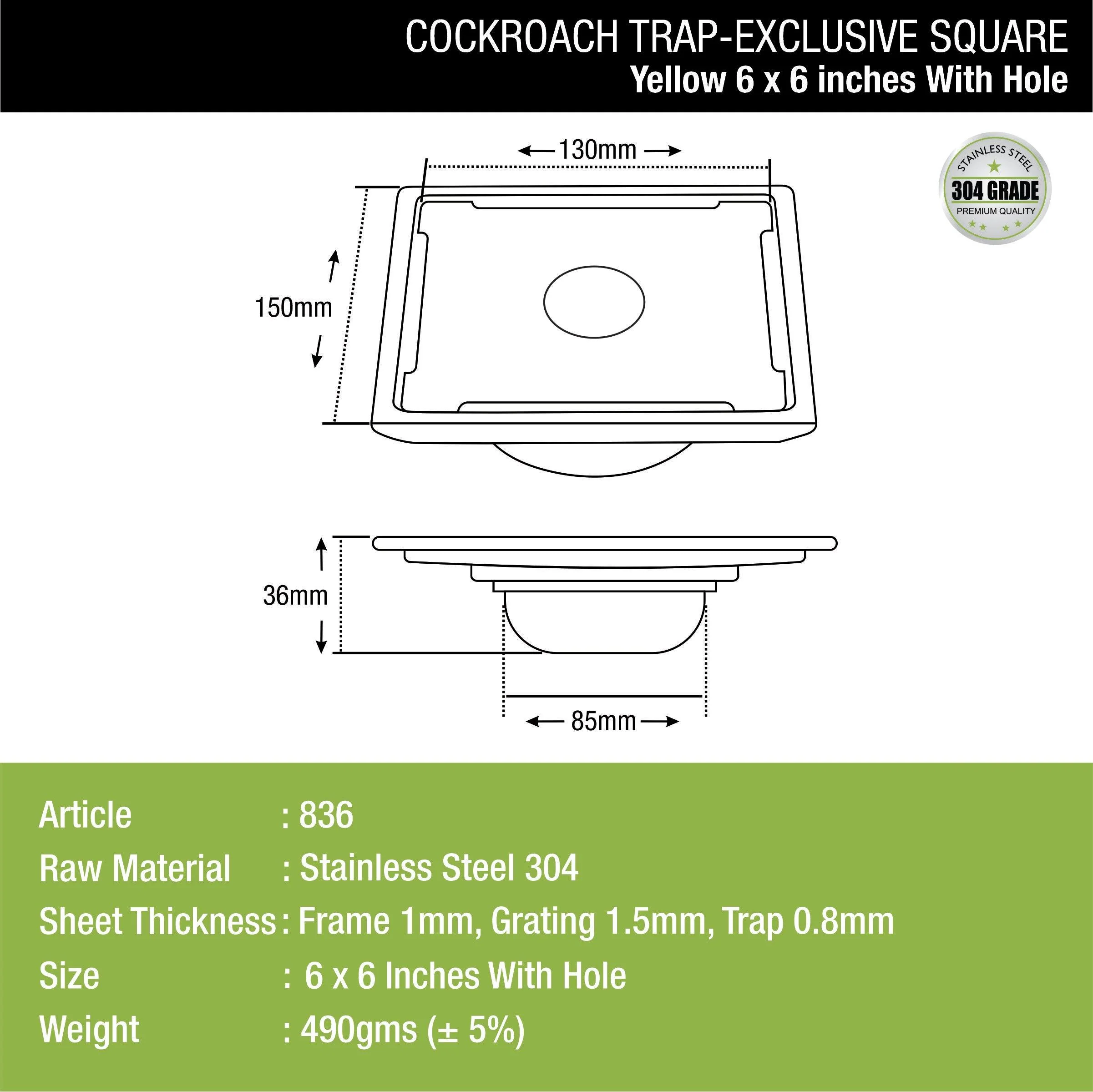 Yellow Exclusive Square Floor Drain (6 x 6 Inches) with Hole and Cockroach Trap - LIPKA - Image 2