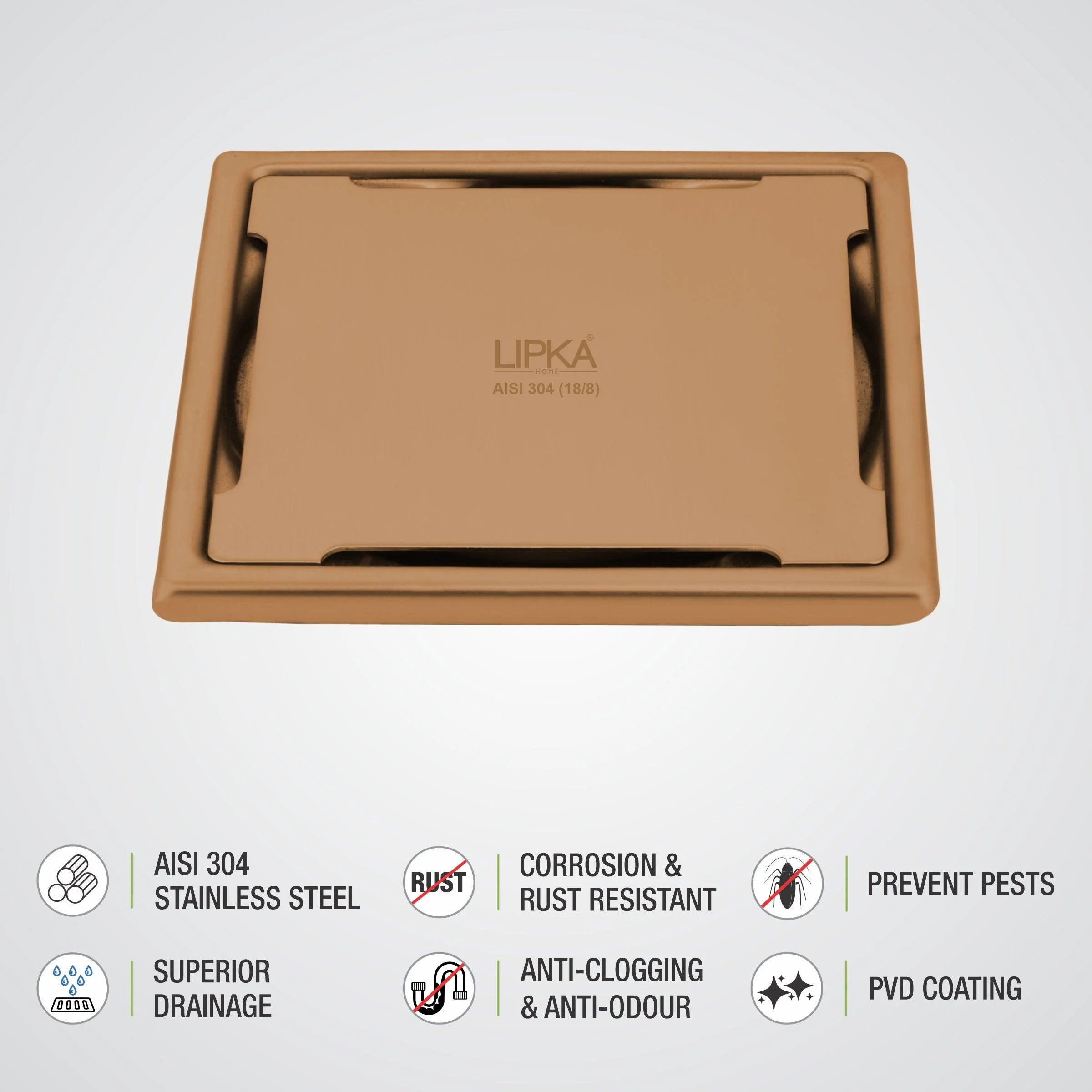 Yellow Exclusive Square Floor Drain in Antique Copper PVD Coating (5 x 5 Inches) - LIPKA - Image 3