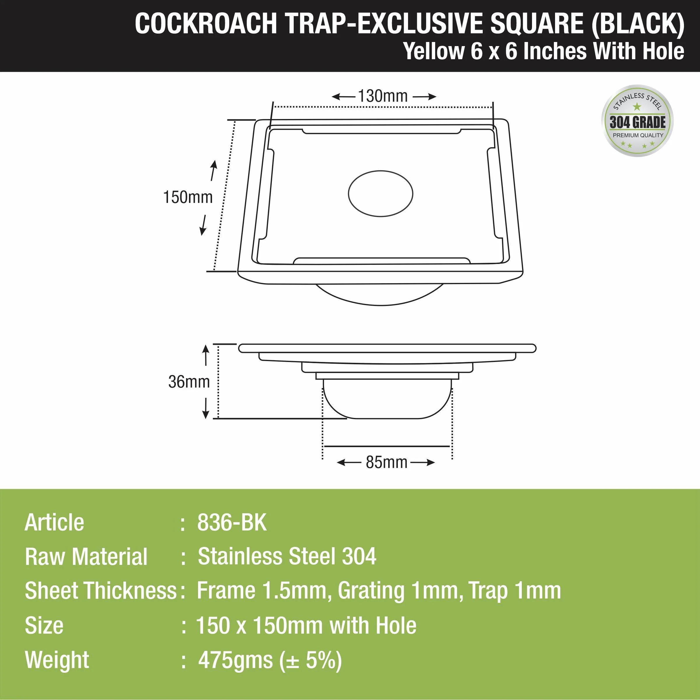 Yellow Exclusive Square Floor Drain in Black PVD Coating (6 x 6 Inches) with Hole & Cockroach Trap - LIPKA - Image 2