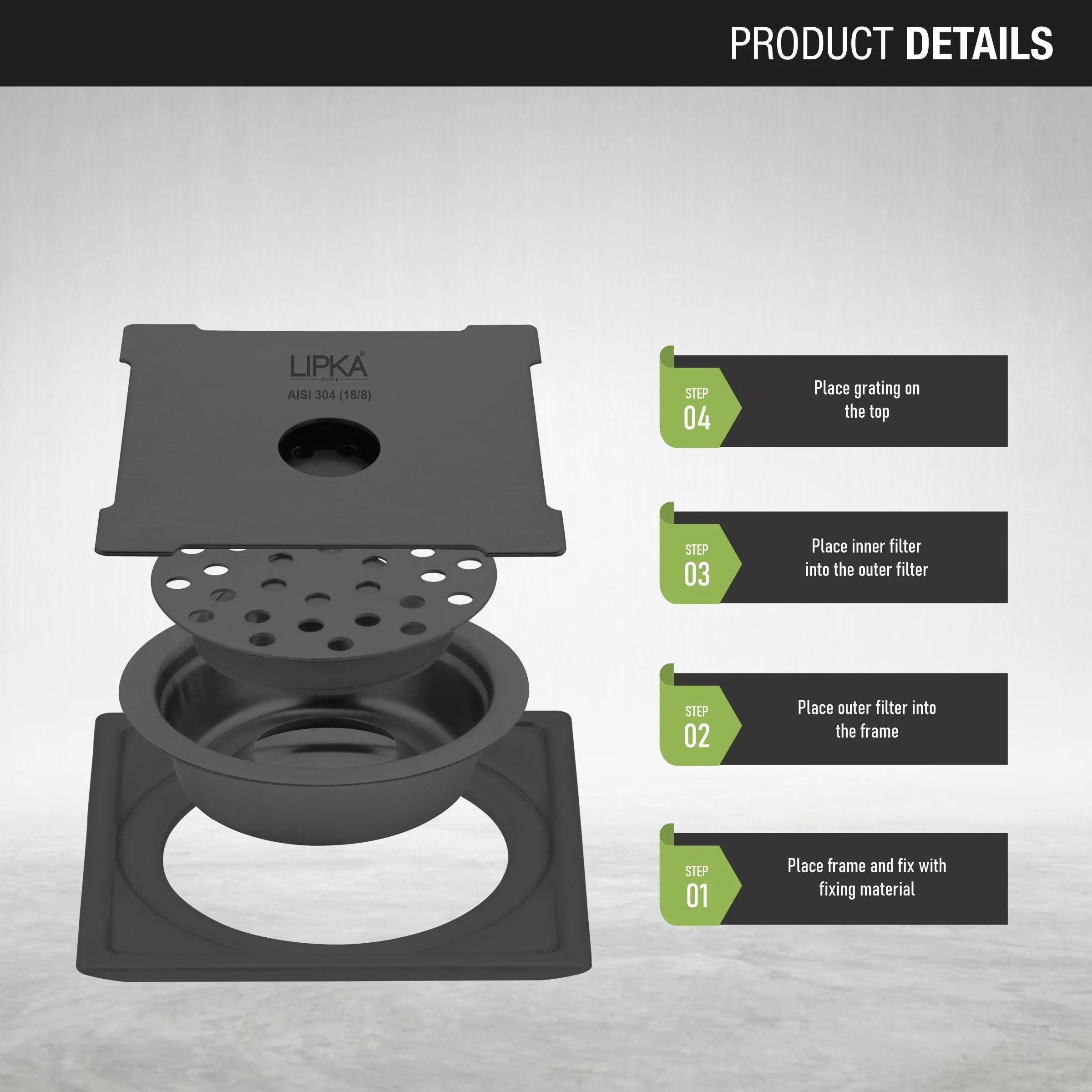 Yellow Exclusive Square Floor Drain in Black PVD Coating (6 x 6 Inches) with Hole & Cockroach Trap - LIPKA - Image 3