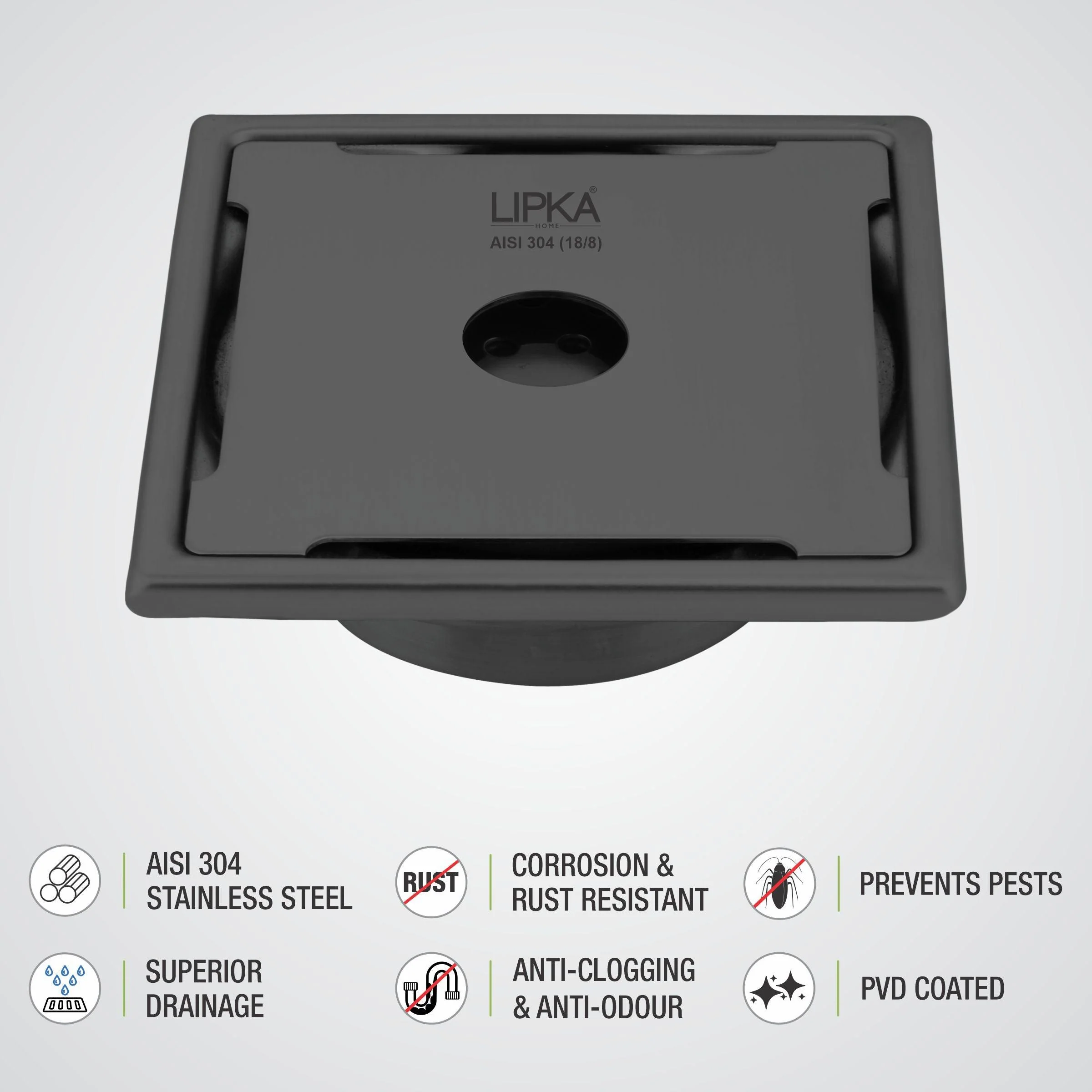 Yellow Exclusive Square Floor Drain in Black PVD Coating (6 x 6 Inches) with Hole & Cockroach Trap - LIPKA - Image 4