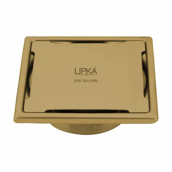 Yellow Exclusive Square Floor Drain in Yellow Gold PVD Coating (6 x 6 Inches) with Cockroach Trap - LIPKA