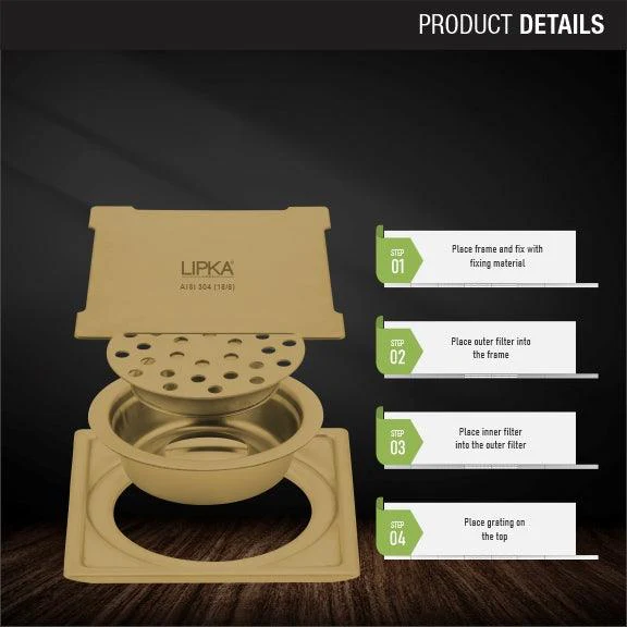 Yellow Exclusive Square Floor Drain in Yellow Gold PVD Coating (6 x 6 Inches) with Cockroach Trap - LIPKA - Image 3