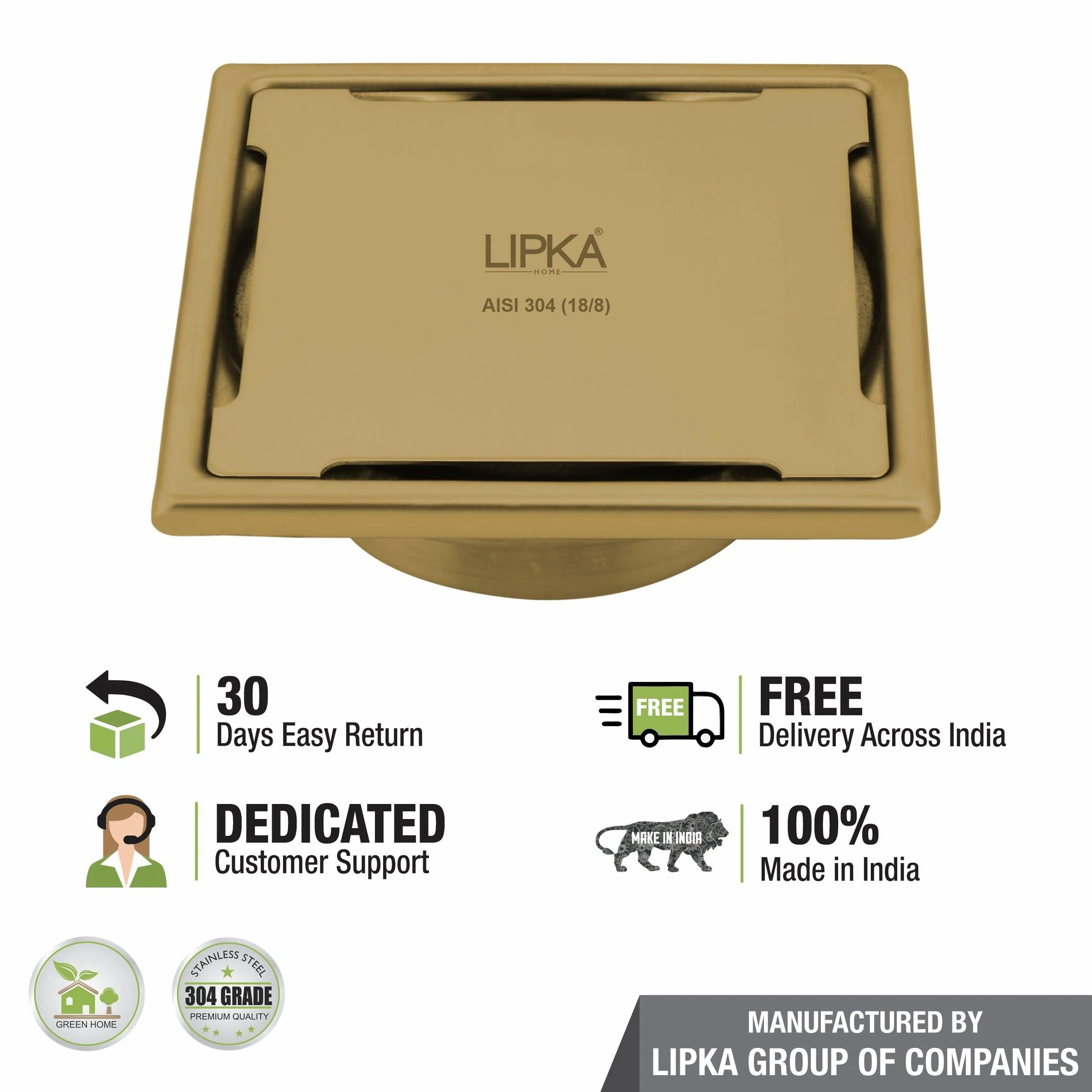 Yellow Exclusive Square Floor Drain in Yellow Gold PVD Coating (6 x 6 Inches) with Cockroach Trap - LIPKA - Image 5