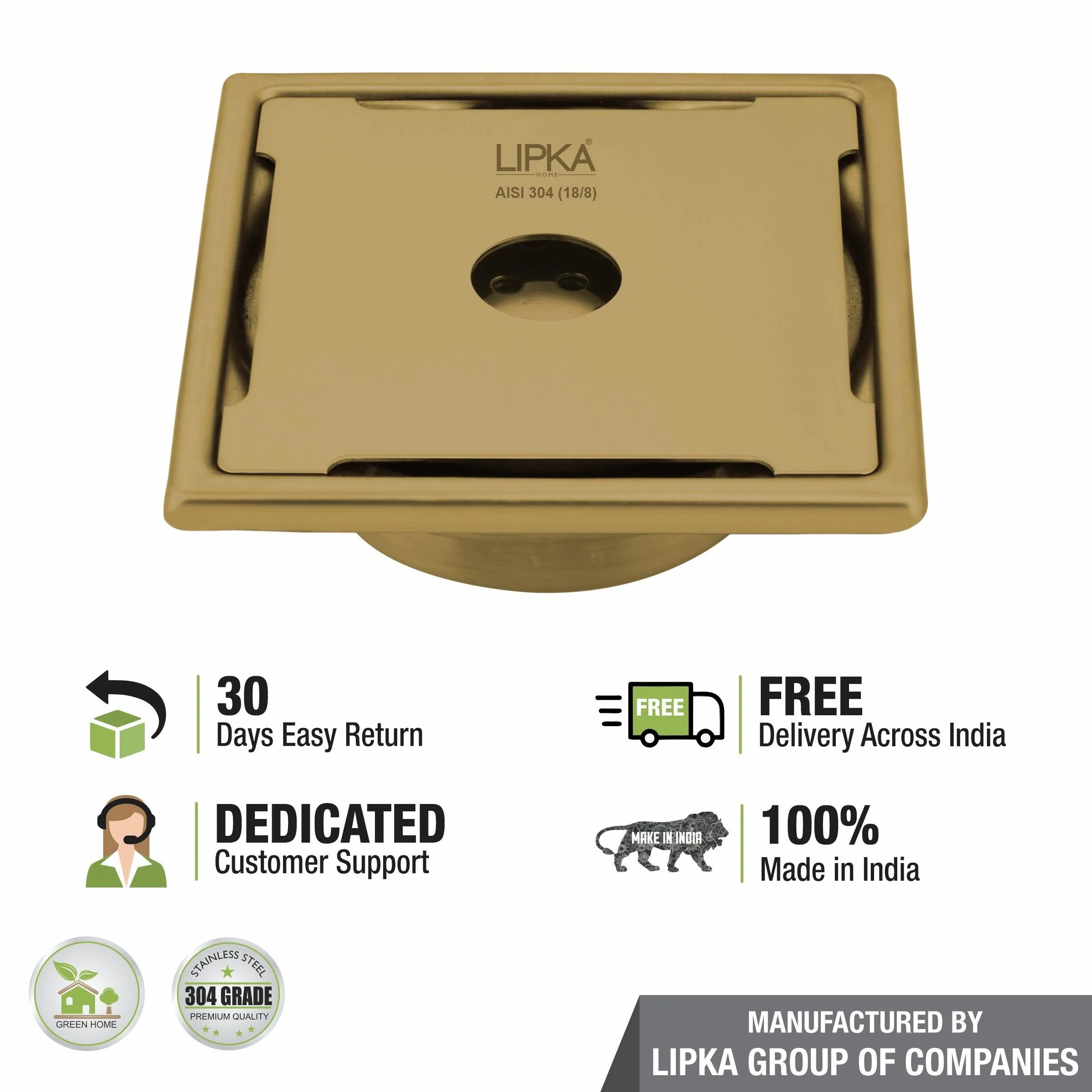 Yellow Exclusive Square Floor Drain in Yellow Gold PVD Coating (6 x 6 Inches) with Hole & Cockroach Trap - LIPKA - Image 5