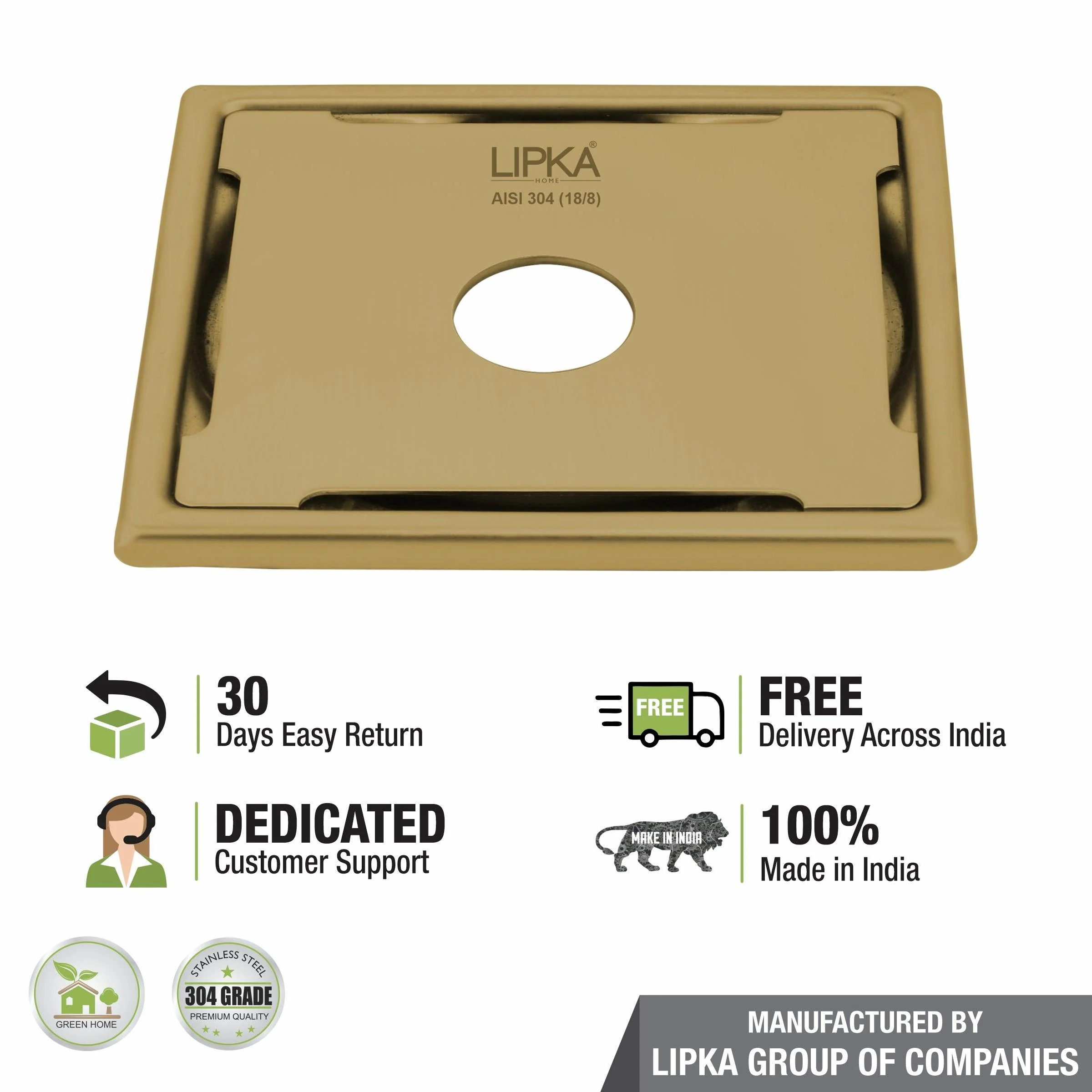 Yellow Exclusive Square Floor Drain in Yellow Gold PVD Coating (6 x 6 Inches) with Hole - LIPKA - Image 4