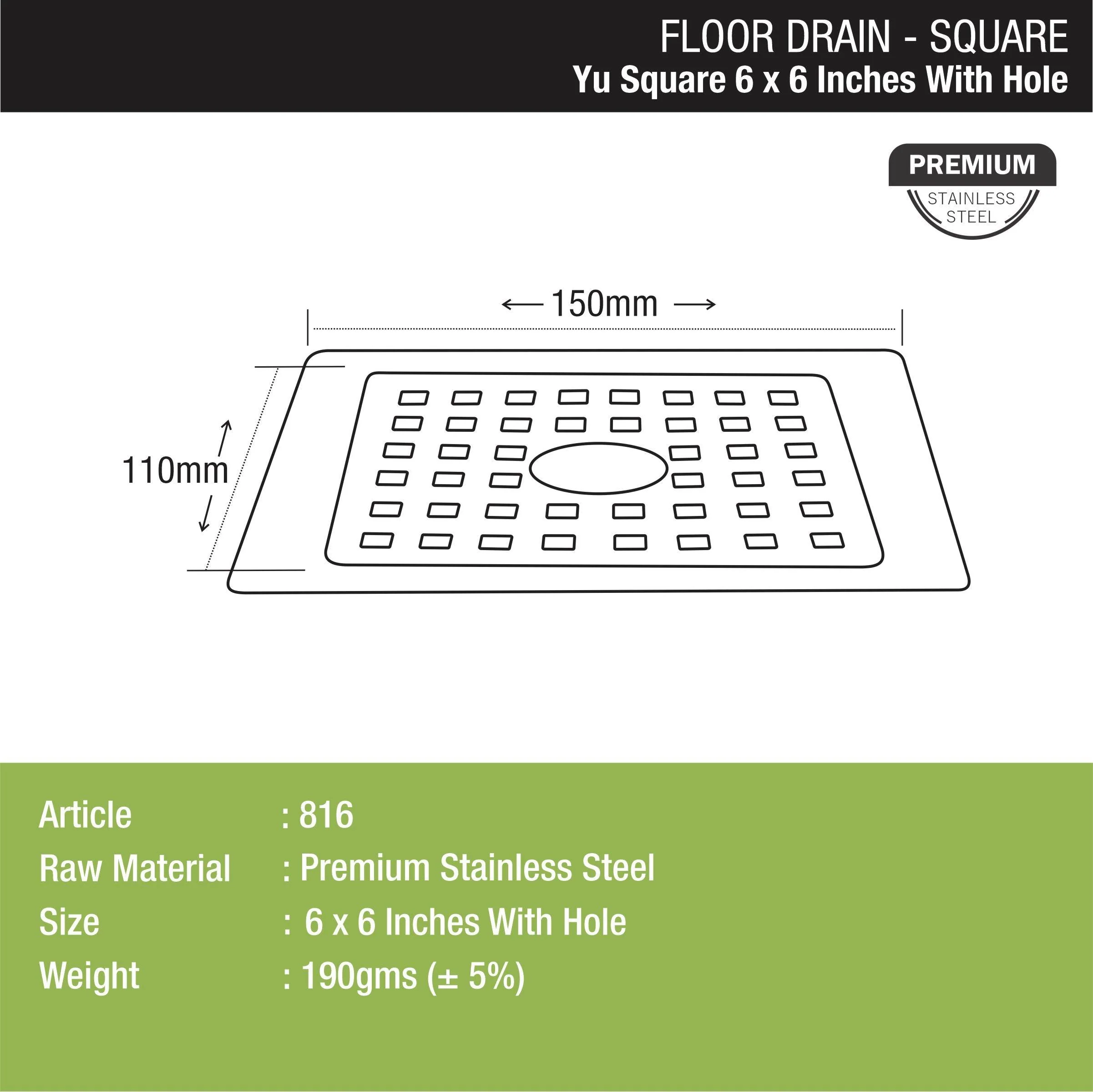 YU Square Floor Drain (6 x 6 Inches) with Hole - LIPKA - Image 2